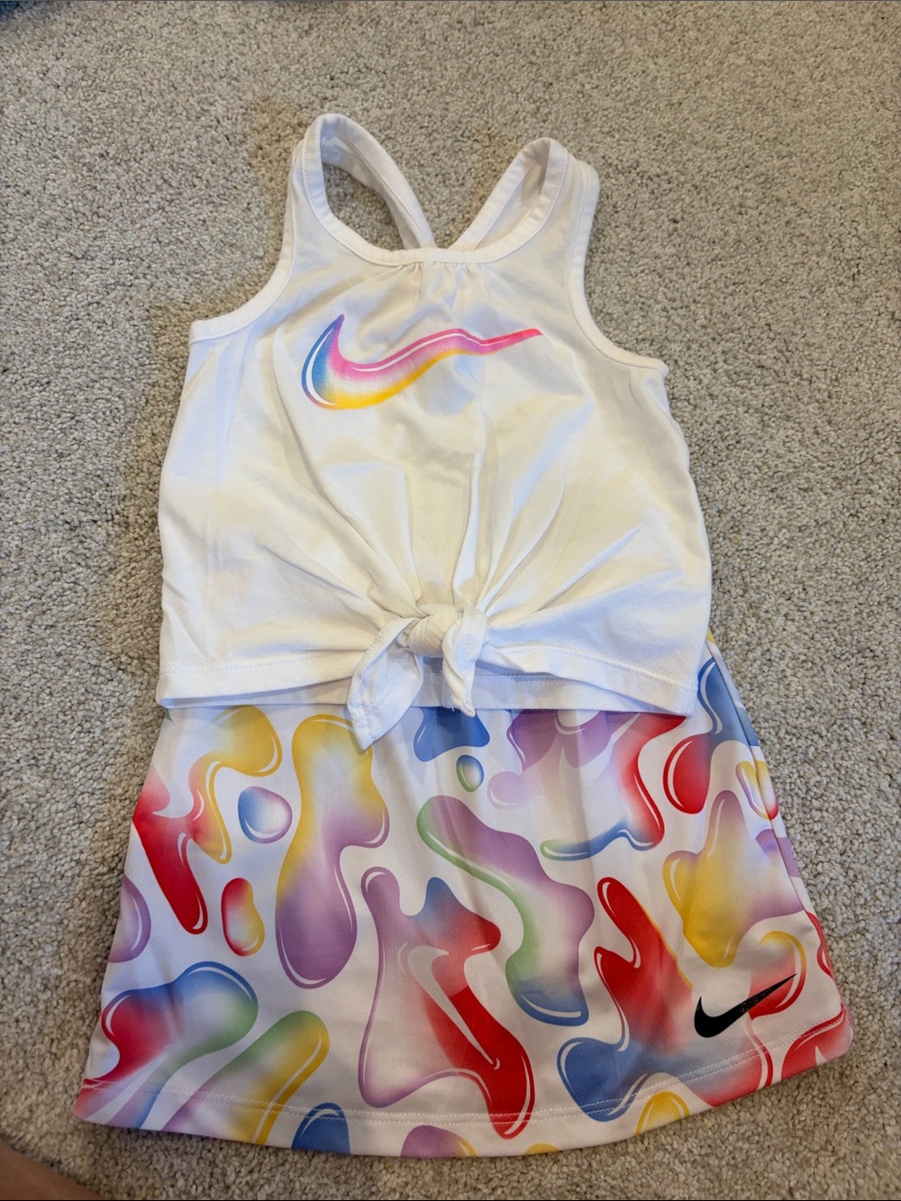 Nike White Tank Top with Multicolor Swoosh & Abstract Print Skirt